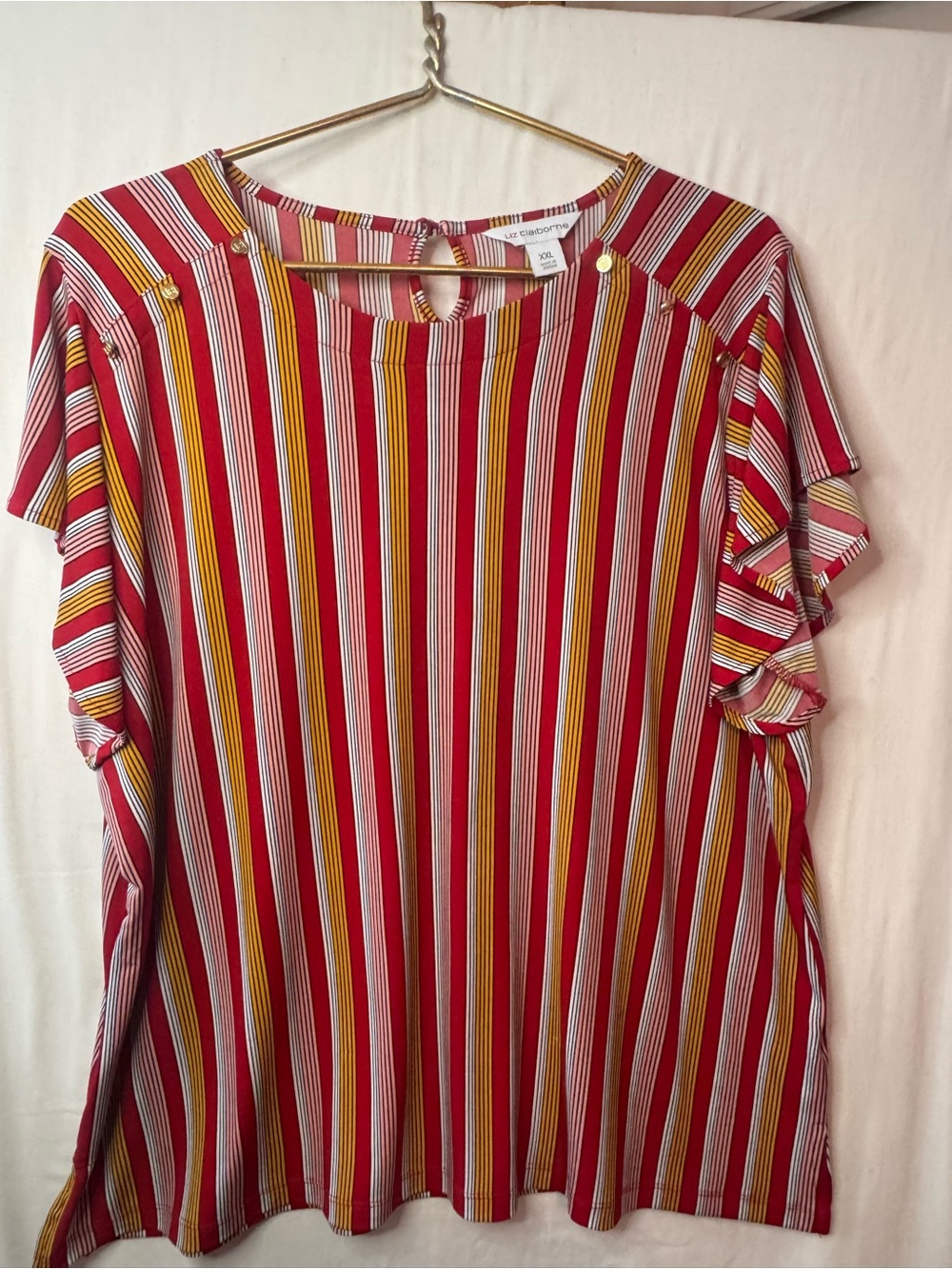 Liz Claiborne Red, Yellow & White Striped Ruffle Sleeve Top
